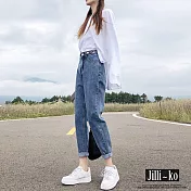 【Jilli~ko】可調節高腰寬鬆牛仔蘿蔔直筒褲 M-2XL J11000  XL 藍色