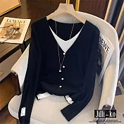 【Jilli~ko】假兩件V領時尚氣質疊穿長袖針織衫 J11515  FREE 黑色