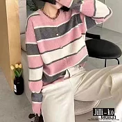 【Jilli~ko】慵懶風寬鬆撞色條紋開扣針織衫 J11530  FREE 粉紅色