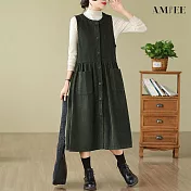 【AMIEE】燈芯絨無袖排扣背心連身洋裝(4色/M-3XL/KDDQ-8386) 3XL 墨綠色