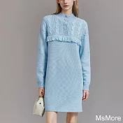 【MsMore】 藍色綿羊毛感混紡針織連身裙垂墜感長袖氣質中長版洋裝# 120528 FREE 藍色