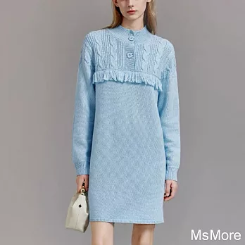 【MsMore】 藍色綿羊毛感混紡針織連身裙垂墜感長袖氣質中長版洋裝# 120528 FREE 藍色