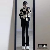 【Jilli~ko】高腰修身顯瘦彈力拖地牛仔微喇叭褲 L-2XL J11508 XL 黑色