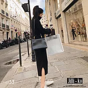 【Jilli~ko】慵懶風高領女中長款開衩坑條針織連衣裙 J11567  FREE 黑色