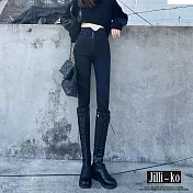 【Jilli~ko】高腰收腹提臀彈力修身排扣女鉛筆九分牛仔褲 M-XL J11581 L 黑色
