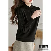 【Jilli~ko】半高領時尚氣質女釘珠壓褶長袖針織衫 J11575 FREE 黑色