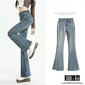 【Jilli~ko】時尚修身毛鬚高腰女彈力喇叭牛仔褲 M-2XL J11580 XL 藍色
