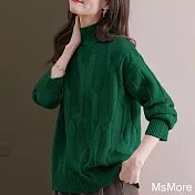【MsMore】 半高領麻花毛衣加厚保暖套頭粗線針織中長長袖上衣# 120541 FREE 綠色