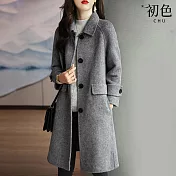 【初色】韓版翻領單排扣長袖外套中長款女外套毛呢大衣女上衣-共3色-31998(M-2XL可選) XL 灰色