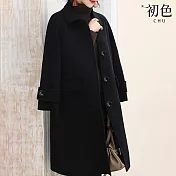 【初色】韓版翻領單排扣長袖外套中長款女外套毛呢大衣女上衣-共3色-31998(M-2XL可選) XL 黑色