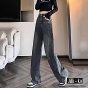 【Jilli~ko】水泥灰潮流女高腰闊腿直筒拖地牛仔褲 M-2XL J11579  XL 深灰色