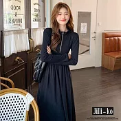 【Jilli~ko】赫本風拉鍊領黑色女高腰長袖連衣裙 J11222  FREE 黑色