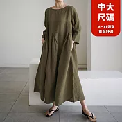【慢。生活】棉麻圓領套頭寬鬆高腰打褶連衣裙中大尺碼 29002  FREE 綠色