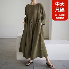 【慢。生活】棉麻圓領套頭寬鬆高腰打褶連衣裙中大尺碼 29002 FREE 綠色