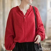 【ACheter】 亞麻感長袖圓領純色寬鬆復古棉麻文藝短版上衣# 120560 L 紅色