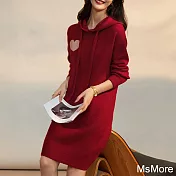 【MsMore】 百搭紅運當頭時尚氣質心形撞色連帽抽繩長袖連身裙中長版洋裝# 120602 FREE 紅色