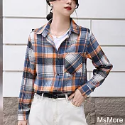 【MsMore】 格子減齡襯衫韓版寬鬆復古百搭長袖短上衣# 120256 L 橘色