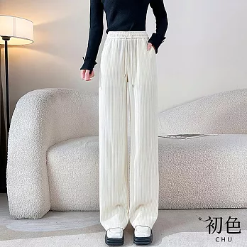 【初色】雪尼爾筷子條紋闊腿直筒寬長褲-共4色-65703(M-2XL可選) L 白色
