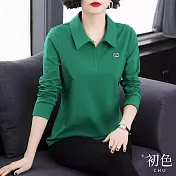 【初色】簡約純色翻領字母寬鬆顯瘦長袖T恤上衣-共5色-31570(M-2XL可選) 2XL 綠色