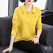 【初色】簡約純色翻領字母寬鬆顯瘦長袖T恤上衣-共5色-31570(M-2XL可選) 2XL 黃色
