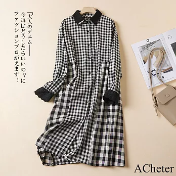 【ACheter】 韓版寬鬆大碼時尚花邊格子棉麻感襯衫長袖中長版洋裝# 120697 XL 格子色
