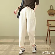 【ACheter】 休閒哈倫老爹褲鬆緊腰顯瘦工裝風小腳蘿蔔長褲# 120699 XL 米白色