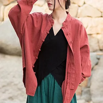 【ACheter】 中式設計感復古盤扣別緻棉麻感茶服襯衫式國風外罩上衣# 120701 M 紅色
