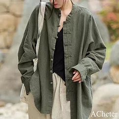 【ACheter】 中式設計感復古盤扣別緻棉麻感茶服襯衫式國風外罩上衣# 120701 M 綠色