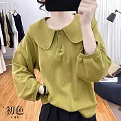 【初色】純色娃娃領翻領寬鬆長袖T恤POLO衫上衣-共4色-31565(M-2XL可選) L 黃色