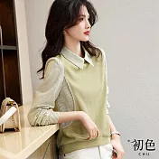 【初色】翻領條紋襯衫拼接假兩件長袖寬鬆衛衣上衣-共2色-31752(M-2XL可選) XL 綠色