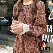 【Jilli~ko】復古蕾絲碎花寬鬆中長款連衣裙 J11637  FREE 紅色