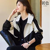【初色】休閒撞色寬鬆拼接防風保暖長袖夾克外套-共2色-31731(M-2XL可選) M 黑色