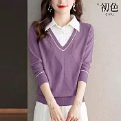 【初色】大菱格紋翻領假兩件長袖針織衫上衣女上衣-共4色-32010(F可選) F 紫色