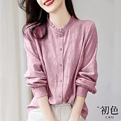 【初色】荷葉邊立領純色緹花格紋寬鬆長袖襯衫上衣女上衣-共3色-31907(M-2XL可選) M 粉紅色