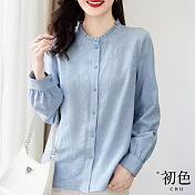 【初色】荷葉邊立領純色緹花格紋寬鬆長袖襯衫上衣女上衣-共3色-31907(M-2XL可選) XL 藍色