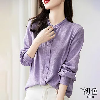 【初色】荷葉邊立領純色緹花格紋寬鬆長袖襯衫上衣女上衣-共3色-31907(M-2XL可選) M 紫色
