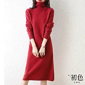 【初色】高領加厚素色針織長袖連身中長裙洋裝-共6色-31796(F可選) F 紅色