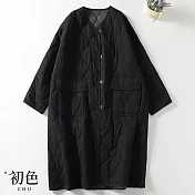 【初色】復古素色拼接壓紋寬鬆長袖保暖中長款防風大衣休閒外套-共3色-31845(M-2XL可選) M 黑色