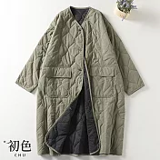 【初色】復古素色拼接壓紋寬鬆長袖保暖中長款防風大衣休閒外套-共3色-31845(M-2XL可選) XL 綠色