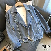 【初色】韓版翻領拼接短款長袖牛仔夾克外套-藍色-31829(M-XL可選) M 藍色