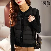 【初色】復古圓領針織拼接鋪棉保暖長袖外套女上衣-共2色-31879(M-2XL可選) M 黑色