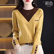 【初色】拼接撞色圓領時尚拼接長袖針織上衣女上衣-共3色-31887(M-2XL可選) F 黃色