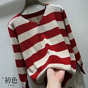 【初色】簡約V領寬條紋針織衫長袖寬鬆毛衣T恤針織上衣女上衣-共4色-31898(F可選) F 紅色