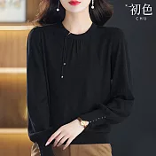 【初色】寬鬆圓領中國繩結裝飾薄款針織長袖上衣女上衣-共3色-31895(F可選) F 黑色