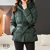 【初色】復古風保暖加厚半高領腰帶長袖口袋鋪棉外套女上衣-墨綠色-31897(M-2XL可選) L 墨綠色