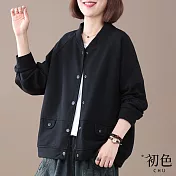 【初色】休閒純色微笑刺繡單排釦長袖外套女上衣-共4色-31844(M-2XL可選) XL 黑色