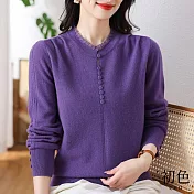 【初色】微立領蕾絲拼接單排釦直條紋針織衫毛衣上衣女上衣-共3色-31938(F可選) F 紫色