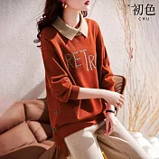 【初色】POLO領假兩件棉麻寬鬆T恤長袖上衣女上衣-紅色-32105(M-2XL可選) L 紅色