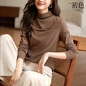 【初色】半高領簡約設計長袖保暖T恤上衣女上衣-棕色-32127(M-2XL可選) XL 棕色