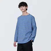 【MUJI 無印良品】男有機棉水洗粗織船領九分袖T恤 M 淺藍紋樣